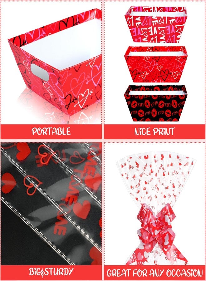 Hallswl 12 Set Valentines Day Empty Gifts Baskets Bulk with Cellophane Basket Bags and Bows Ribbons,Love Heart Market Tray Cardboard Gift Basket Empty to Fill for Valentine's Day Birthday Wedding Decor - Image 3